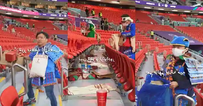 WATCH THE VIRAL VIDEO OF JAPANESE FANS CLEANING STADIUM AFTER FIFA WORLD CUP OPENING MATCH: